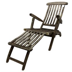 Hardwood framed folding garden steamer chair with fold-out foot rest 