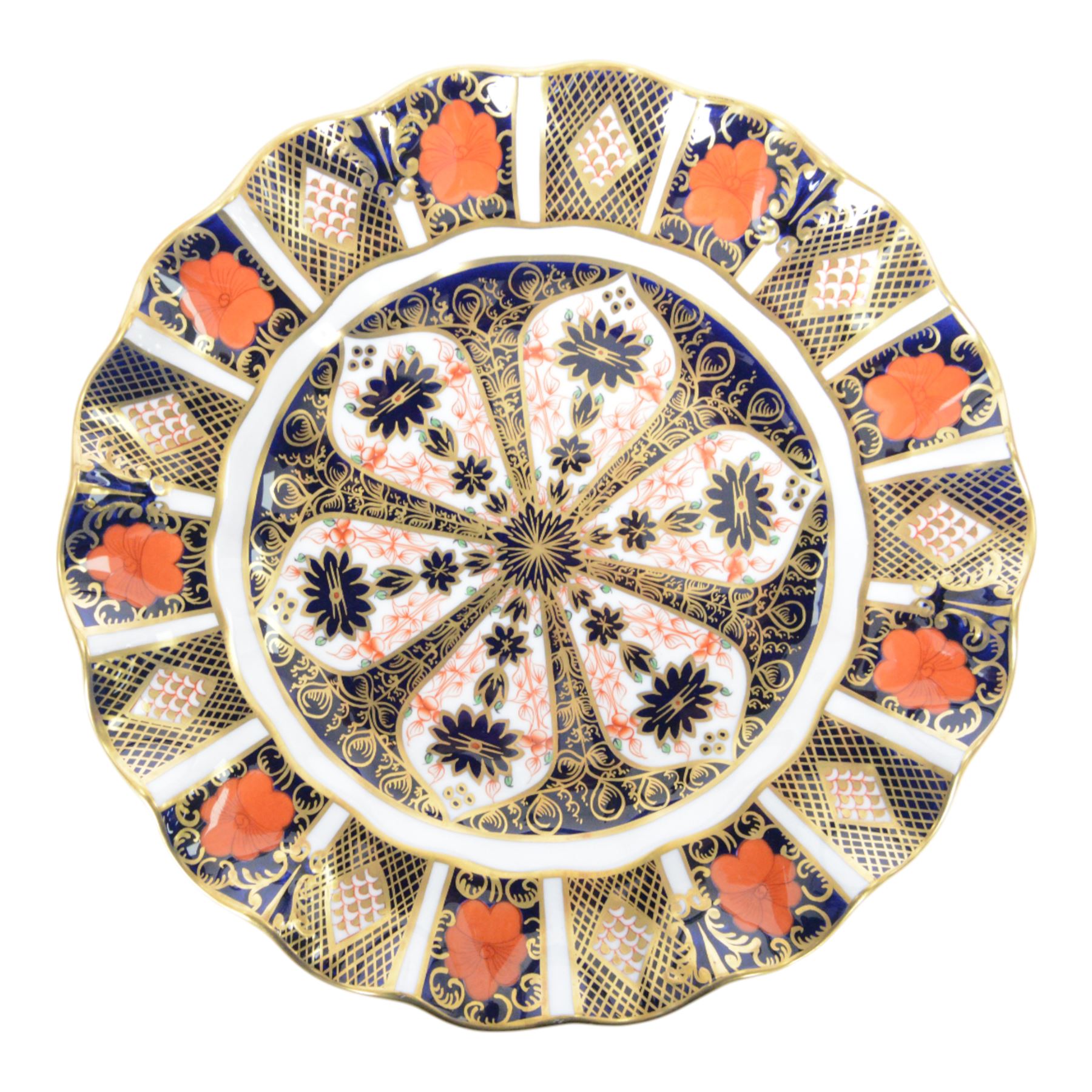 Royal Crown Derby Imari pattern 1128, two plates with fluted rim, together with Royal Crown Derby platter in pattern 6299, plates D22cm