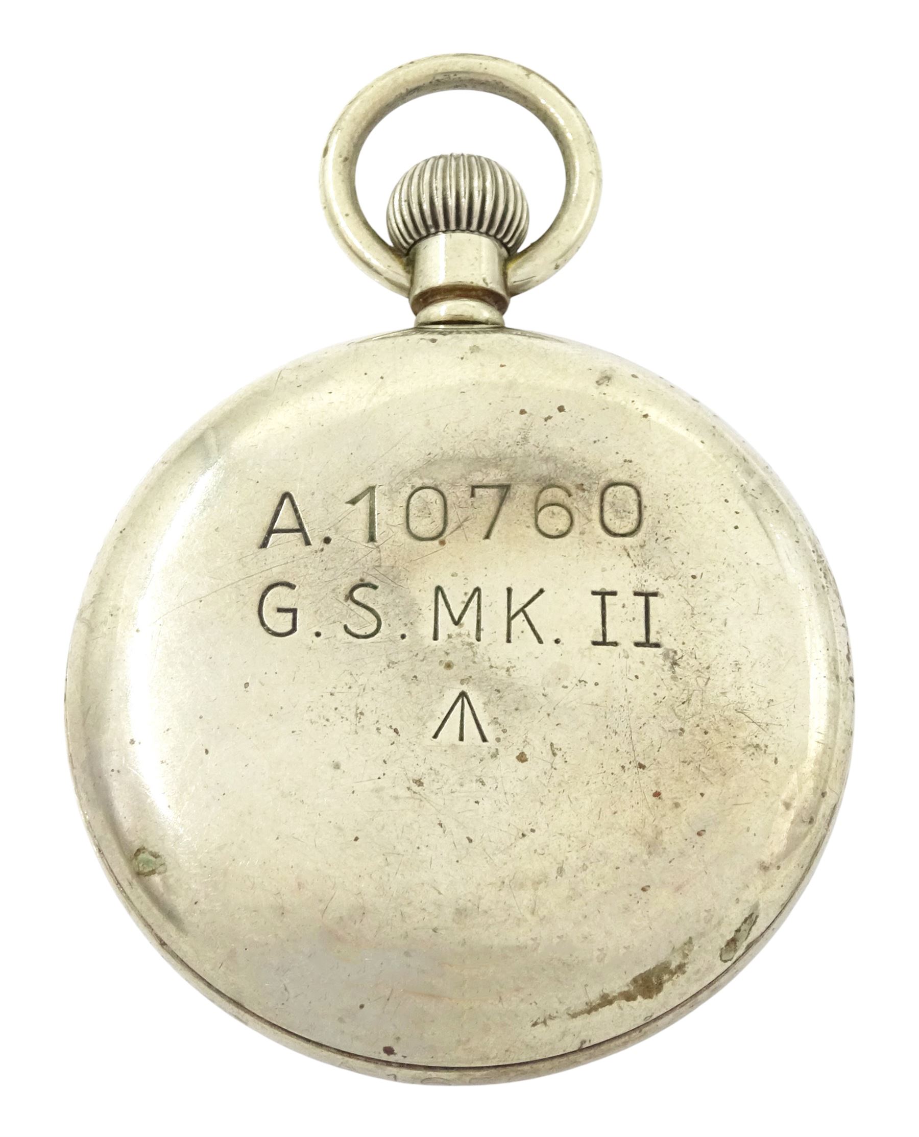 Rolex WWII military issue nickle plated, open face keyless lever pocket watch, Cal. 540, black dial with Arabic hour markers and subsidiary seconds dial marked A.12059, screw back case with broad arrow and markings A.10760 G.S.MKII