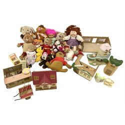Quantity of stuffed toys and dolls to include Teddy Ruxpin, Cabbage Patch, Troll doll, and a quantity of plastic toys including Sylvanian Families Country School etc, in two boxes