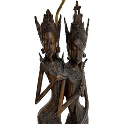 Carved hardwood figural standard lamp, depicting Rama and Sita, with shade