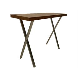 Contemporary console table, walnut finish rectangular top on burnished metal x-frame supports