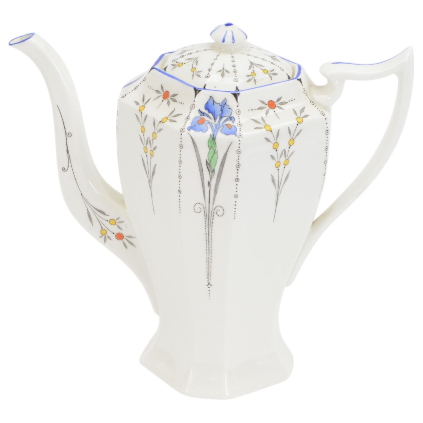 Shelley Art Deco Queen Anne shaped coffee service in the blue iris pattern comprising coffee pot, cream jug, sugar bowl, six cups, six saucers