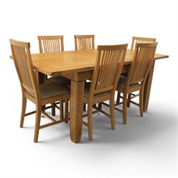 Contemporary oak dining extending table and set of six chairs, with additional leaf  extending to 182cm, chairs with cream upholstered seat