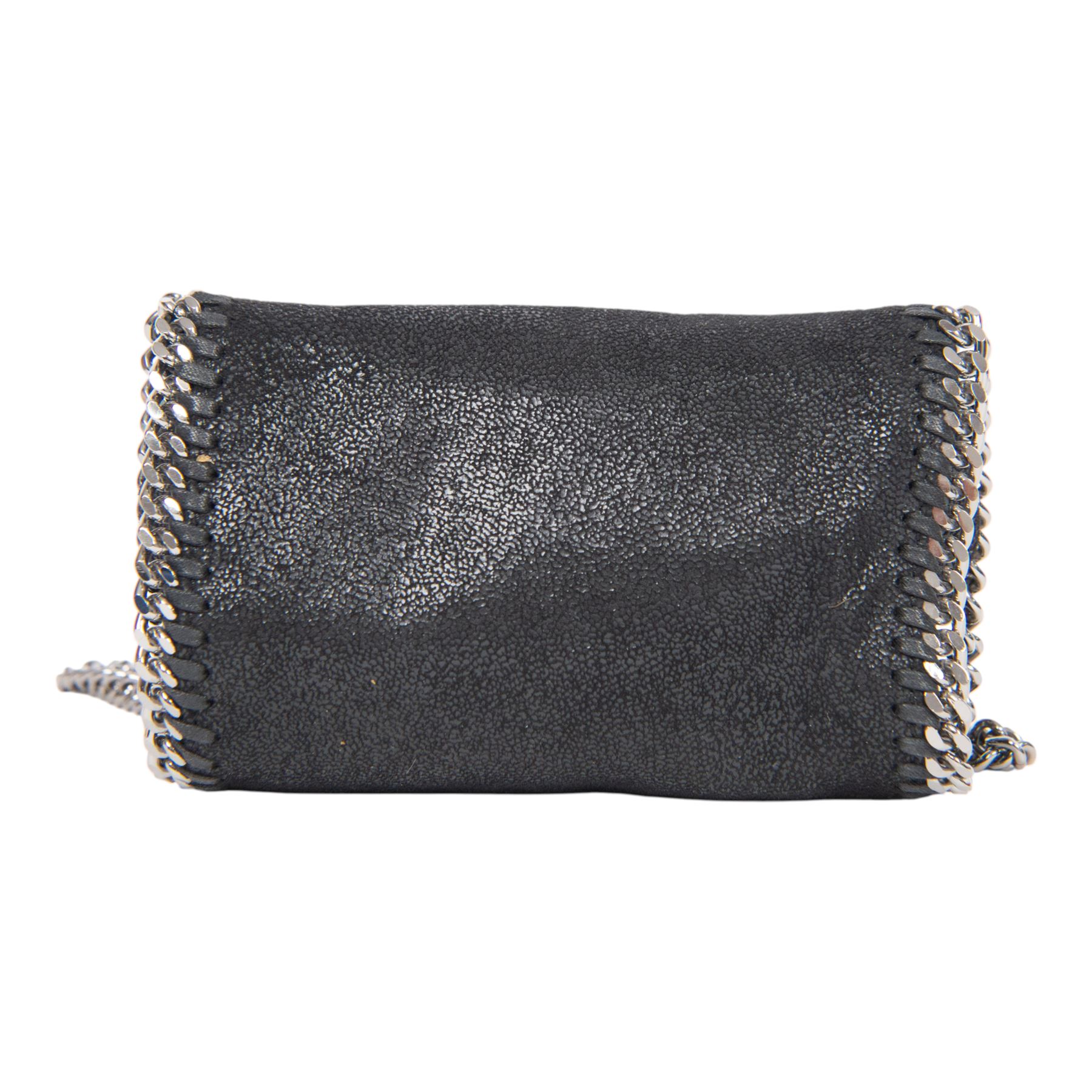Stella McCartney Falabella black shaggy deer cross-body bag, the compact foldover design with signature silver-tone curb chain trim and chain strap, logo disc charm and pink logo lining, stamped Stella McCartney Made in Italy, with dust bag