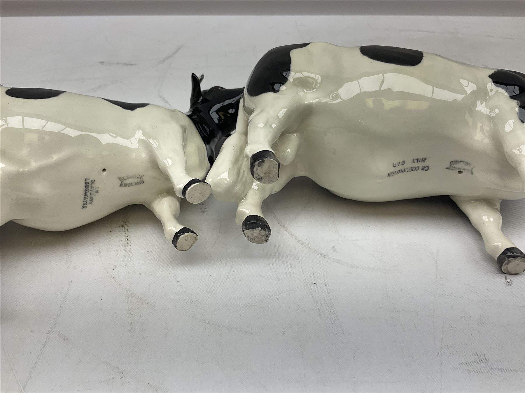 Seven Beswick cow figures, to include Friesian bull Ch. ''Coddington Hilt Bar'' no. 1439a, Friesian cow Ch. 'Claybury Leegwater' no. 1362a and Friesian calf no. 1249C, Aberdeen Angus calf 1827a, Jersey cow no. 1345 etc, all with printed mark beneath  