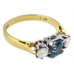 18ct gold three stone blue zircon and round brilliant cut diamond ring, hallmarked, total diamond weight approx 0.40 carat