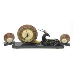 Art Deco style marble and anodised spelter three-piece clock garniture, model with recumbent gazelle, centre piece L52cm.  