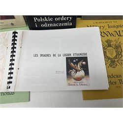 Five reference books on medals and orders including Vaclav Mericka: Book of Orders and Decorations; Polskie ordery i odznaczenia; James C. Risk: The History of the Order of the Bath; Guide des ordres, decorations et medailles militaires 1814-1963; etc; together with two works on Cornish Military Insignia; and Insignes De la Legion Etrangere (8)