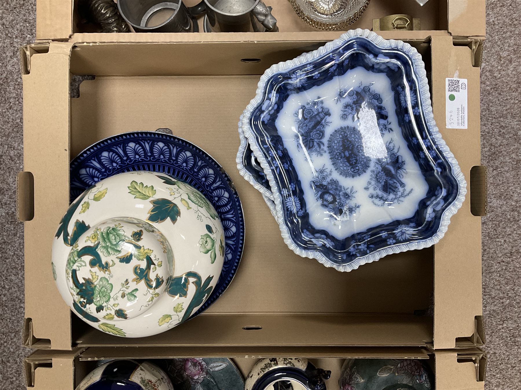 Collection of ceramics and metalware, to include Masons Chartreuse large jar and Copeland Spode's serving dishes, in three boxes