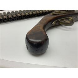 Leather covered swagger/sword stick with 40cm steel blade L62cm overall; another ash sword stick with 30cm diamond section steel blade; pair of fencing foils, the blades marked Solingen; two reproduction flintlock pistols; and 92cm inert cartridge belt (7)