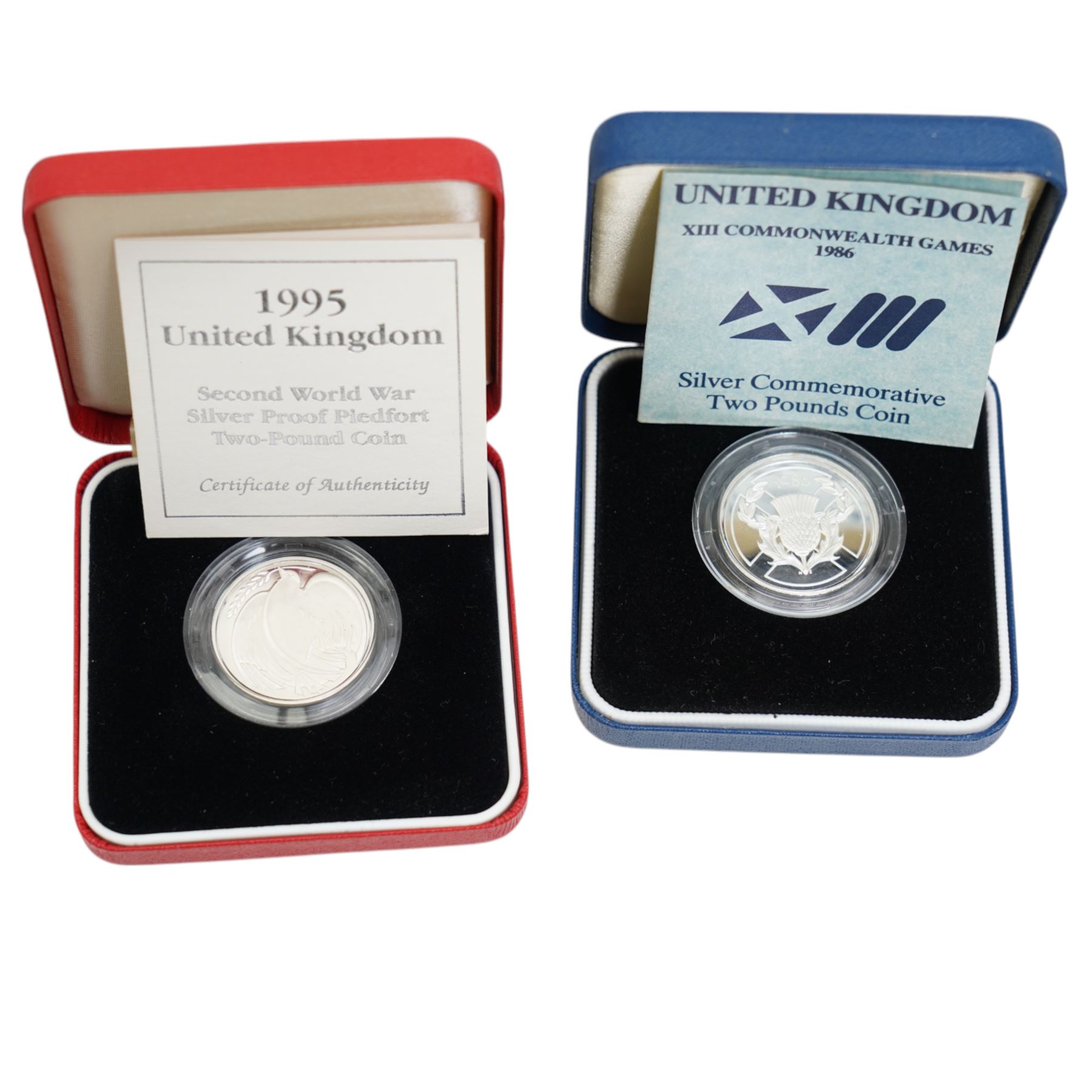 Eleven The Royal Mint United Kingdom silver proof coins or sets, comprising 1977 crown, 1980 crown, 1981 Jersey one pound, 1981 crown, 1983 one pound, 1986 two pound, 1989 two pound two coin set, 1994 piedfort fifty pence, 1994 two pound, 1994 piedfort two pound, and 1995 piedfort two pound, all cased with certificates