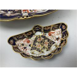 Royal Crown Derby 2451 Imari pattern oval dish of lobbed form together with two trinket dished and miniature milk churn, large dish L30cm, D20cm 