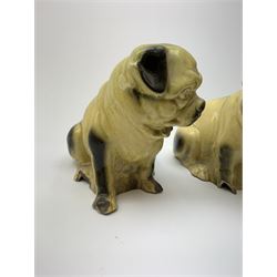 A collection of various ceramic figurines, to include pair of small 19th century Staffordshire cats, Royal Doulton cat, Coalport cat, pair of 19th century pug dogs, two fairings inscribed Good Templars, two Bonzo dog peppers, a number of pin cushion dolls, various 20th century and later black pottery cats, Victorian bisque figures, etc. 