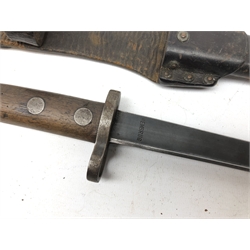  WW2 Dutch Hembrug bayonet, 35.5cm blade with makers stamp, and crowned L, guard stamped 2096 U, steel rivited wooden slab grip, pommel stamped crowned S, L47.5cm, in leather sheath, frog stamped 3358 with overstamp, L56cm  