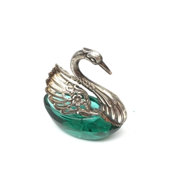  Emerald cut glass salt in the form of a Swan, silver swinging wings and neck, import marks, London 1961 H7.5cm  
