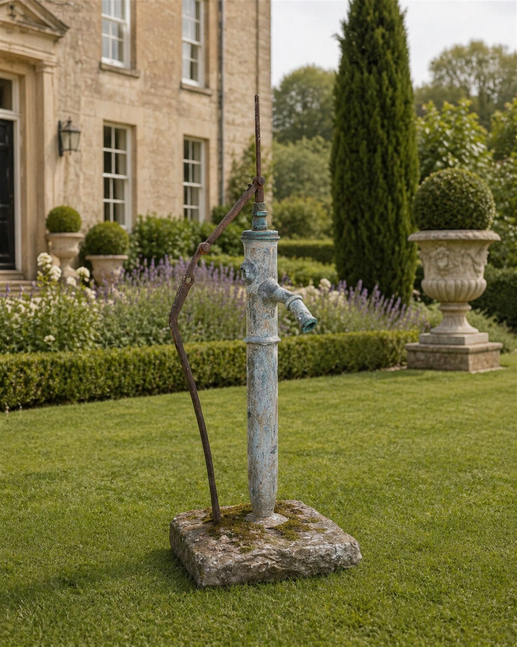 Georgian period lead garden water pump, with iron handle, set in square stone base
