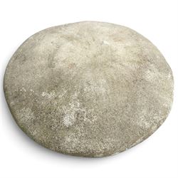 Weathered cast stone two-piece staddle stone of squat form, domed circular top over square-tapering pedestal base