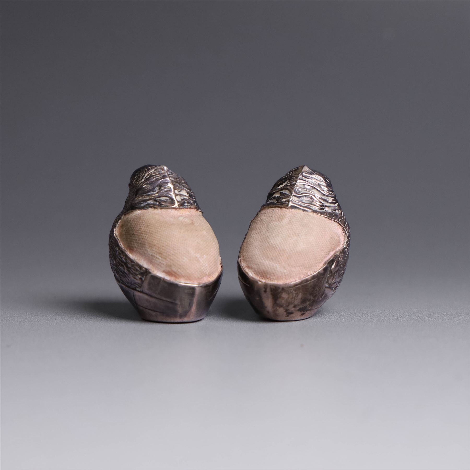 Two Edwardian novelty silver chick pin cushions, hallmarked Sampson Mordan & Co Ltd, Chester 1907