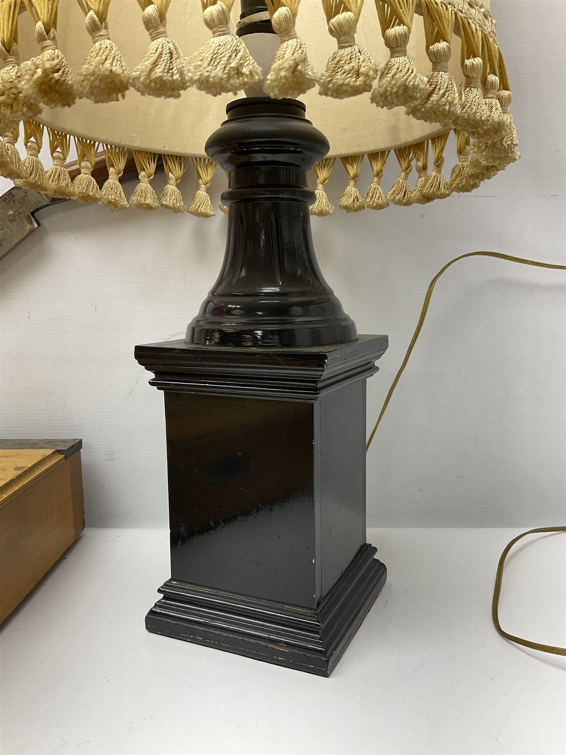 Coal bucket painted with flowers together with pair of bellows, boot scraper in the form of a beetle, wooden guillotine, composite table lamp with tassel lampshade and one other