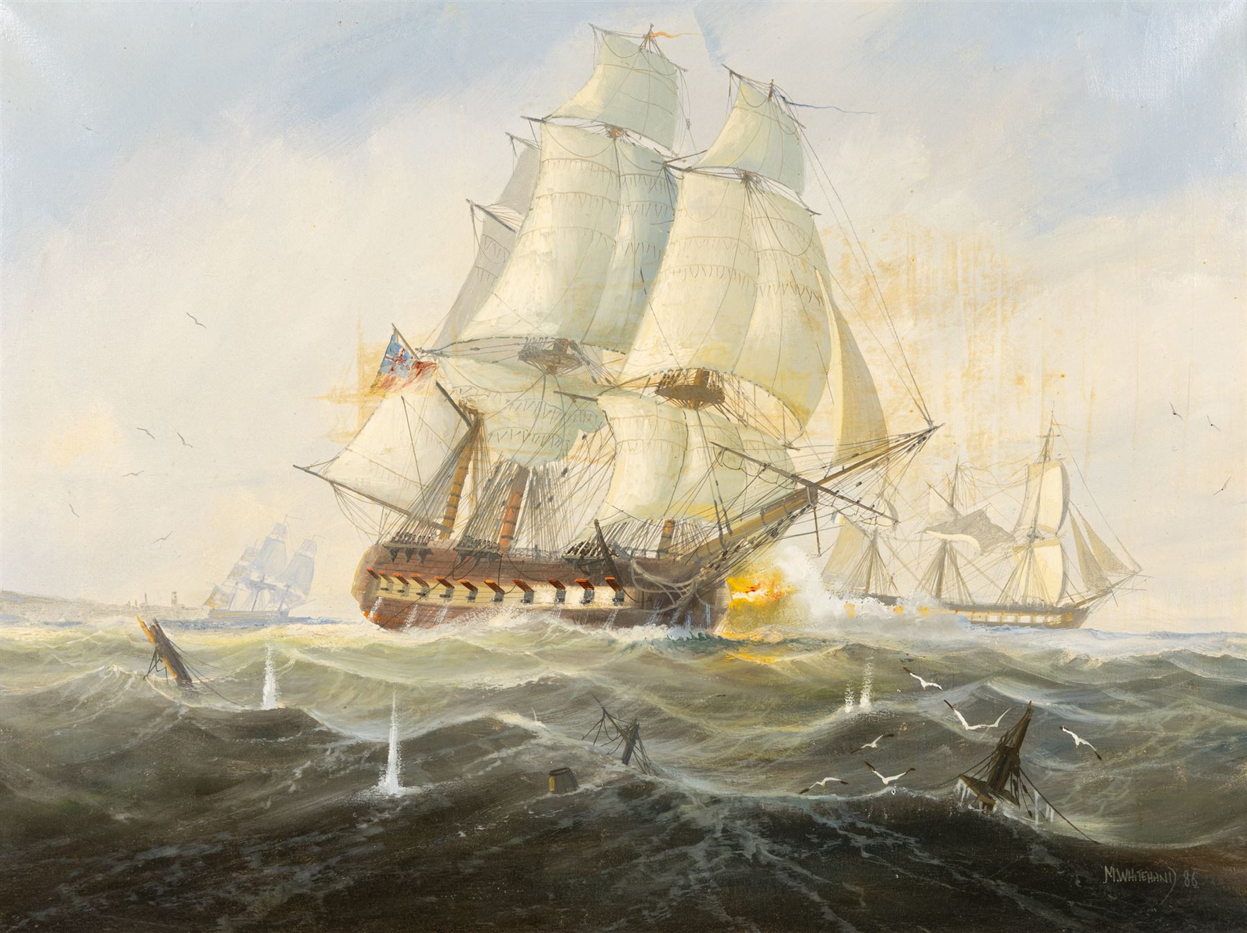 Michael J Whitehand (British 1941-): Sailing Galleons with View of Sinking Ship, oil on canvas signed and dated '86, 45cm x 60cm