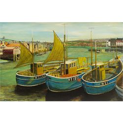 J H Morton (British mid 20th century): Keel Boats Whitby, oil on board signed 60cm x 90cm