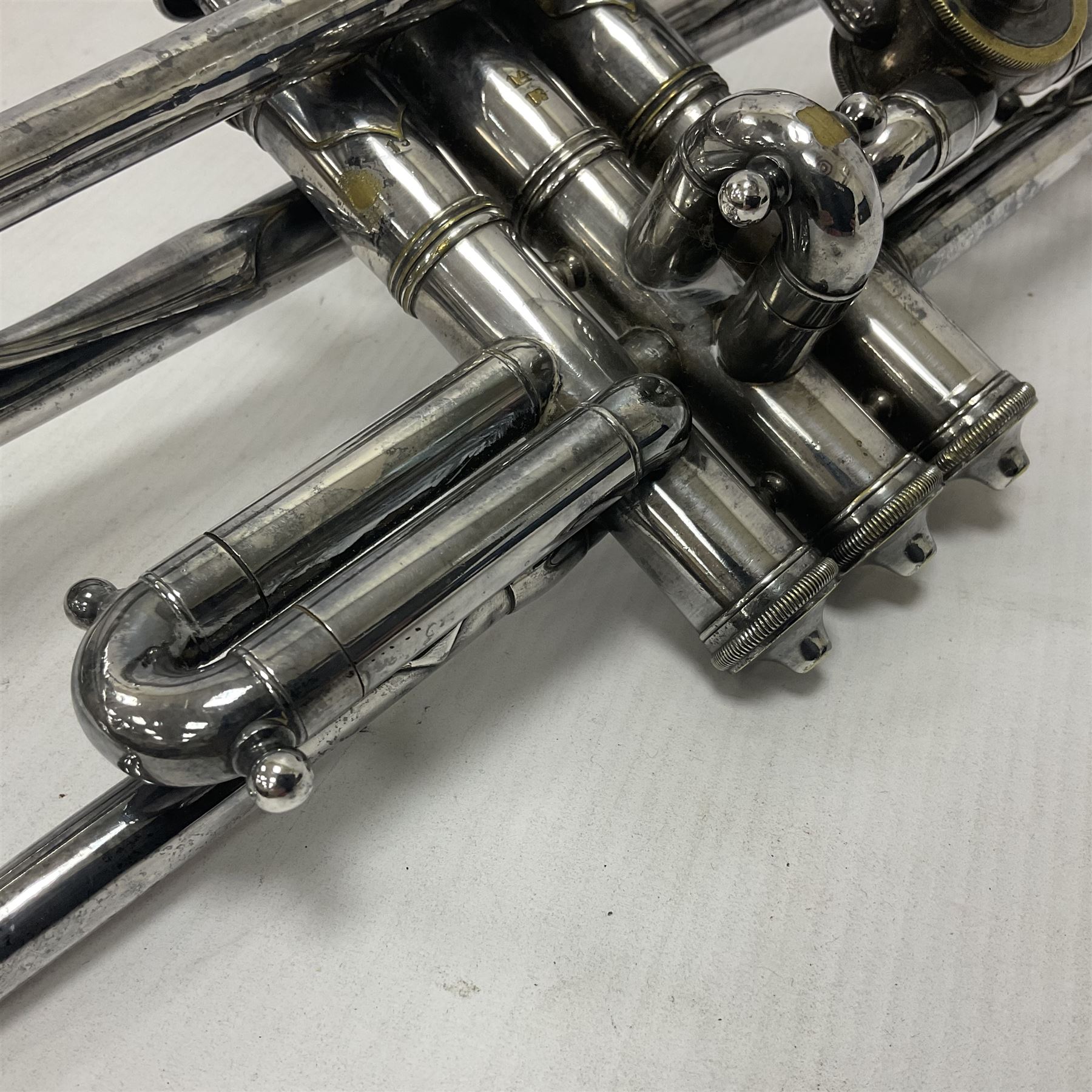 Victorian Class A silver plated trumpet retailed by Kitchen & Co,29 Queen Victoria Street Leeds, 1897 with mouthpiece/slide and in its original felt lined box

