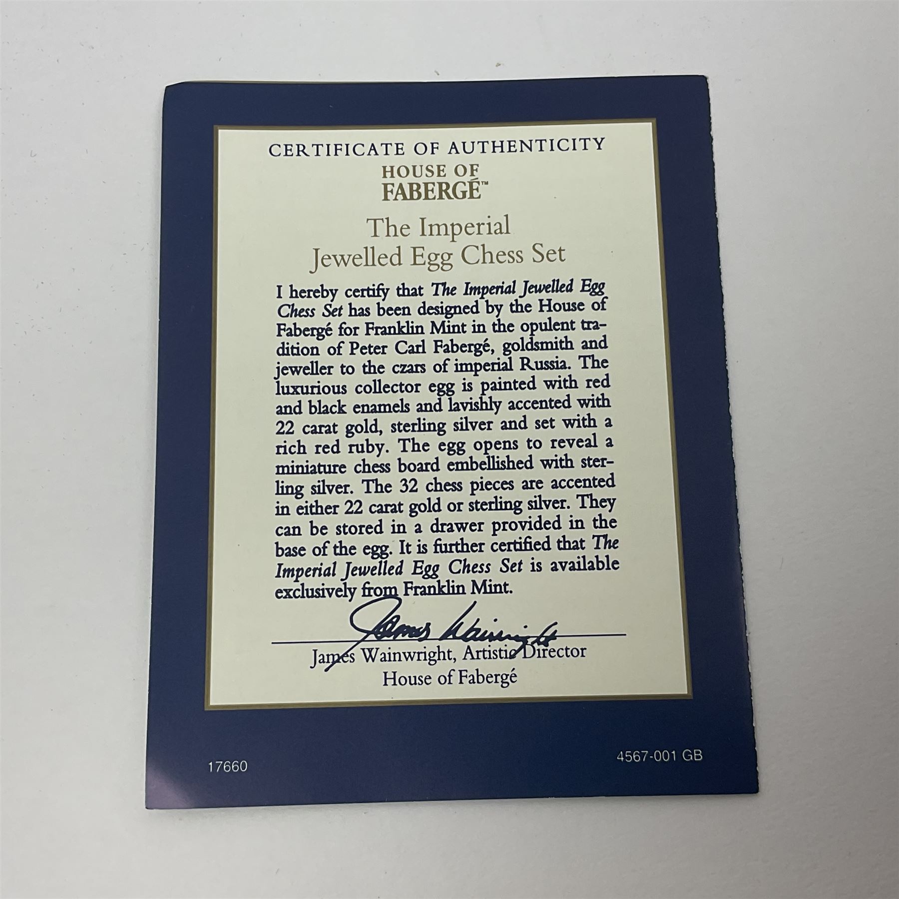 Franklin Mint House of Faberge; The Imperial Jeweled Egg Chess set, the egg opening to reveal a chess board, with a draw to the hexagonal base holding the miniature chess pieces, H23cm 