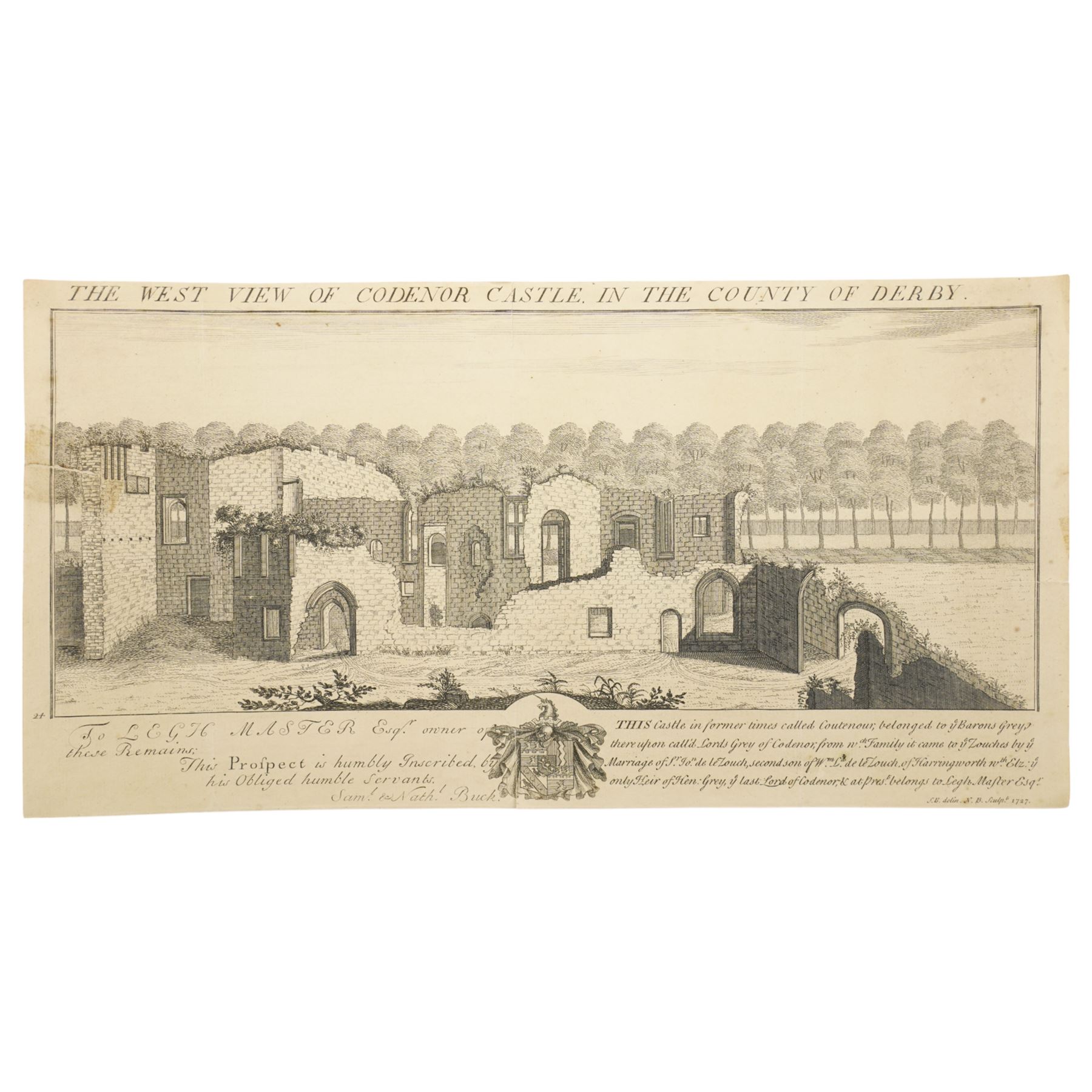 Samuel Buck (British 1696-1779) and Nathaniel Buck (British 18th century): 'West View of Codenor Castle in the County of Derby' 'East View of Dale Abby near Derby' and 'South View of Halton Castle in the County of Chester', set three 18th/19th century prospect map engravings originally pub. 1727 max 26cm x 45cm (3)
Provenance: English Heritage