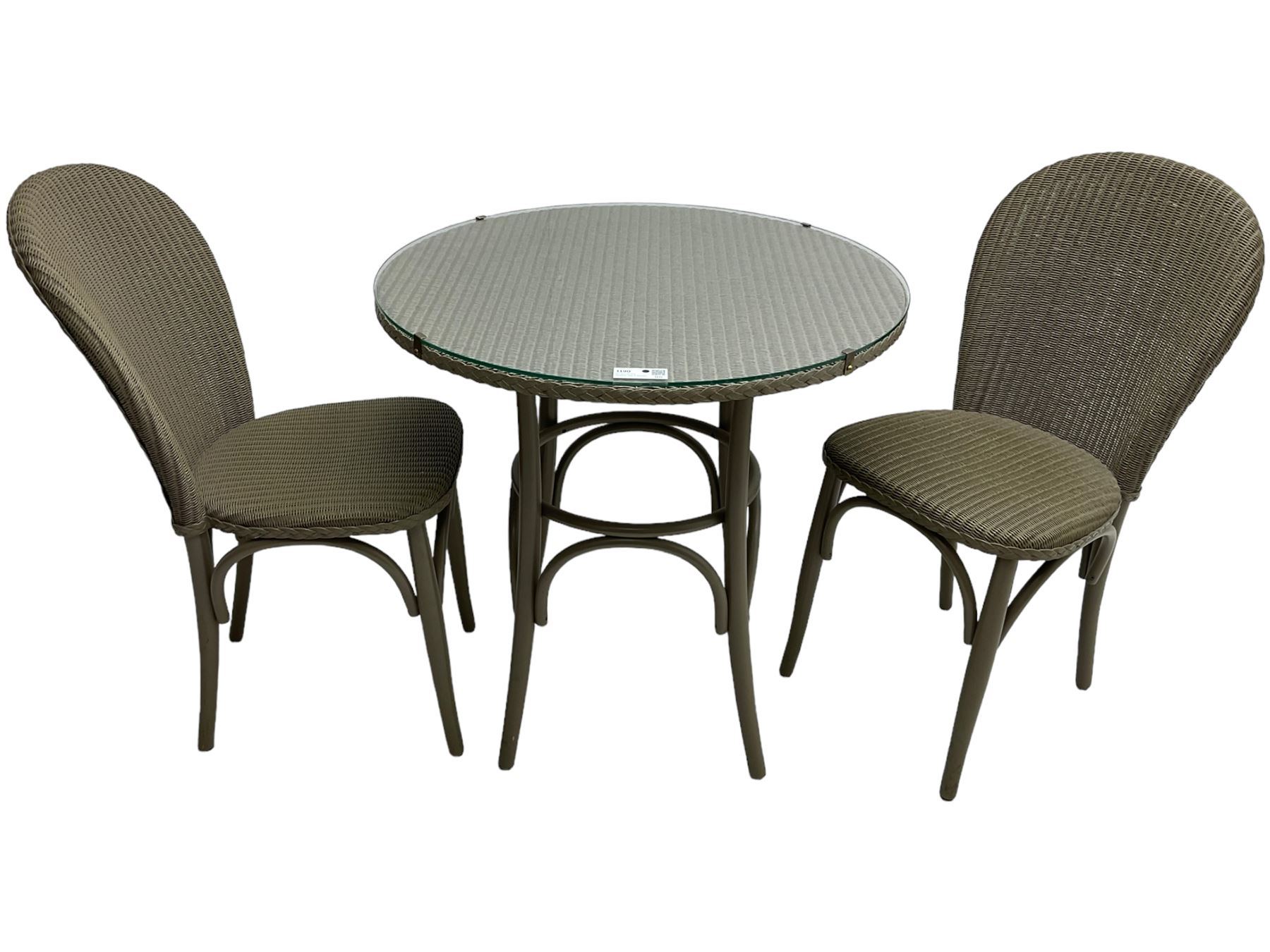 Lloyd Loom - three-piece grey painted wickerwork bistro set, circular glass top table (D76cm, H76cm); and pair matching side chairs 