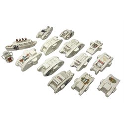 Twelve crested china models of WW1 tanks