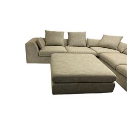Contemporary corner sofa upholstered in grey fabric (310cm x 282cm); with matching rectangular footstool (110cm x 110cm)