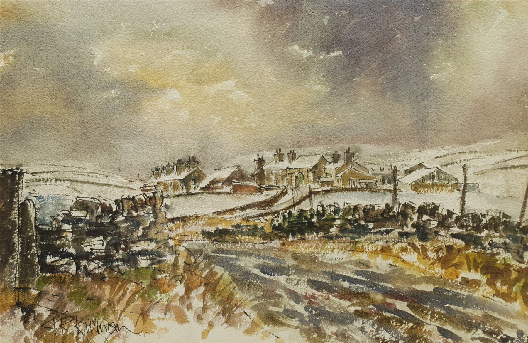 Terry Kirman (British 1939-1997): Yorkshire Dales Village in Winter, watercolour signed, artist's studio label verso 37cm x 56cm