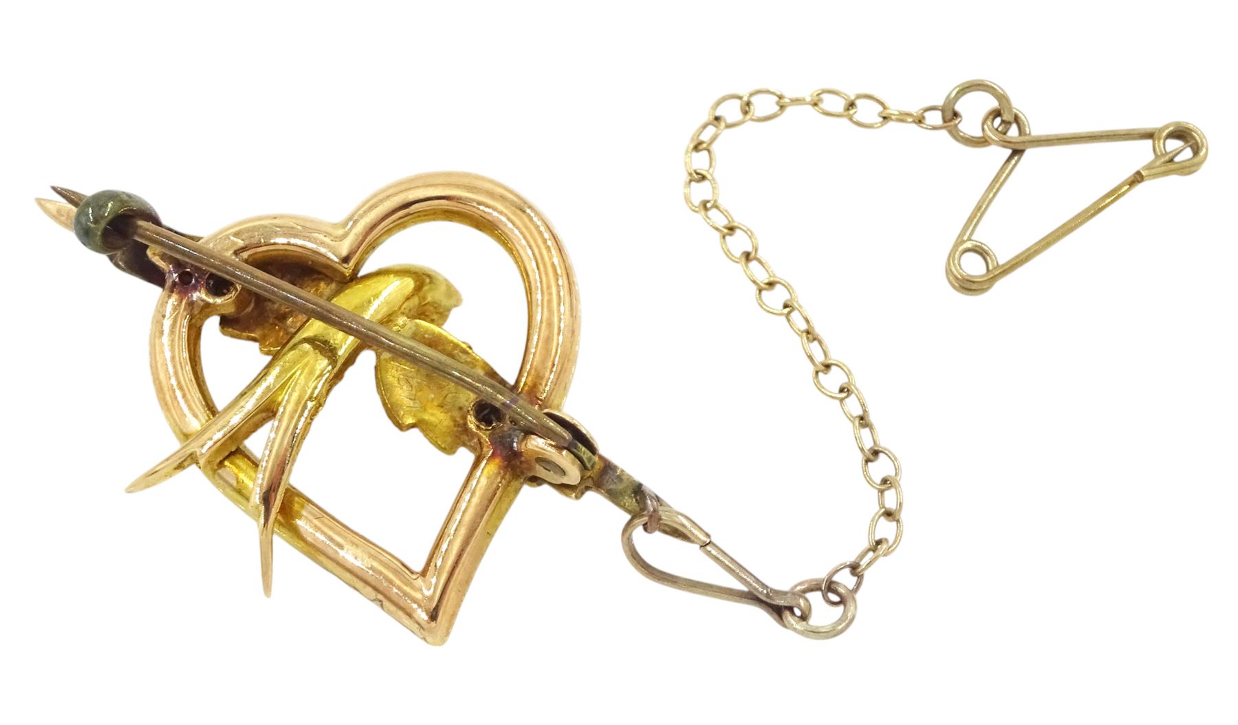 Early 20th century 15ct gold seed pearl swallow and heart brooch, in velvet and silk lined box