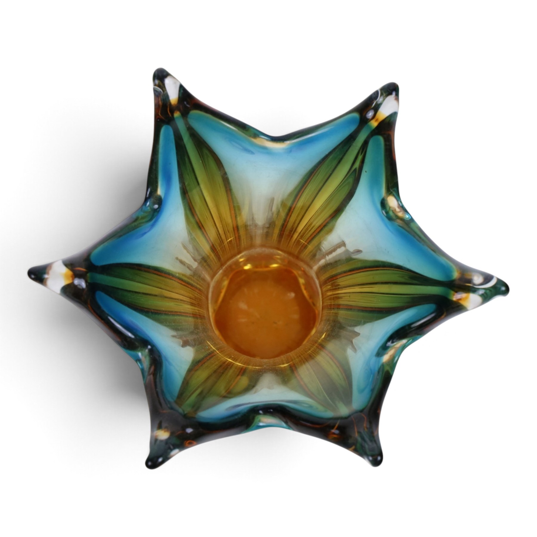 Zecchin vase, painted with reds, greens and yellows, together with a Murano vase with fluted rim, tallest H28cm