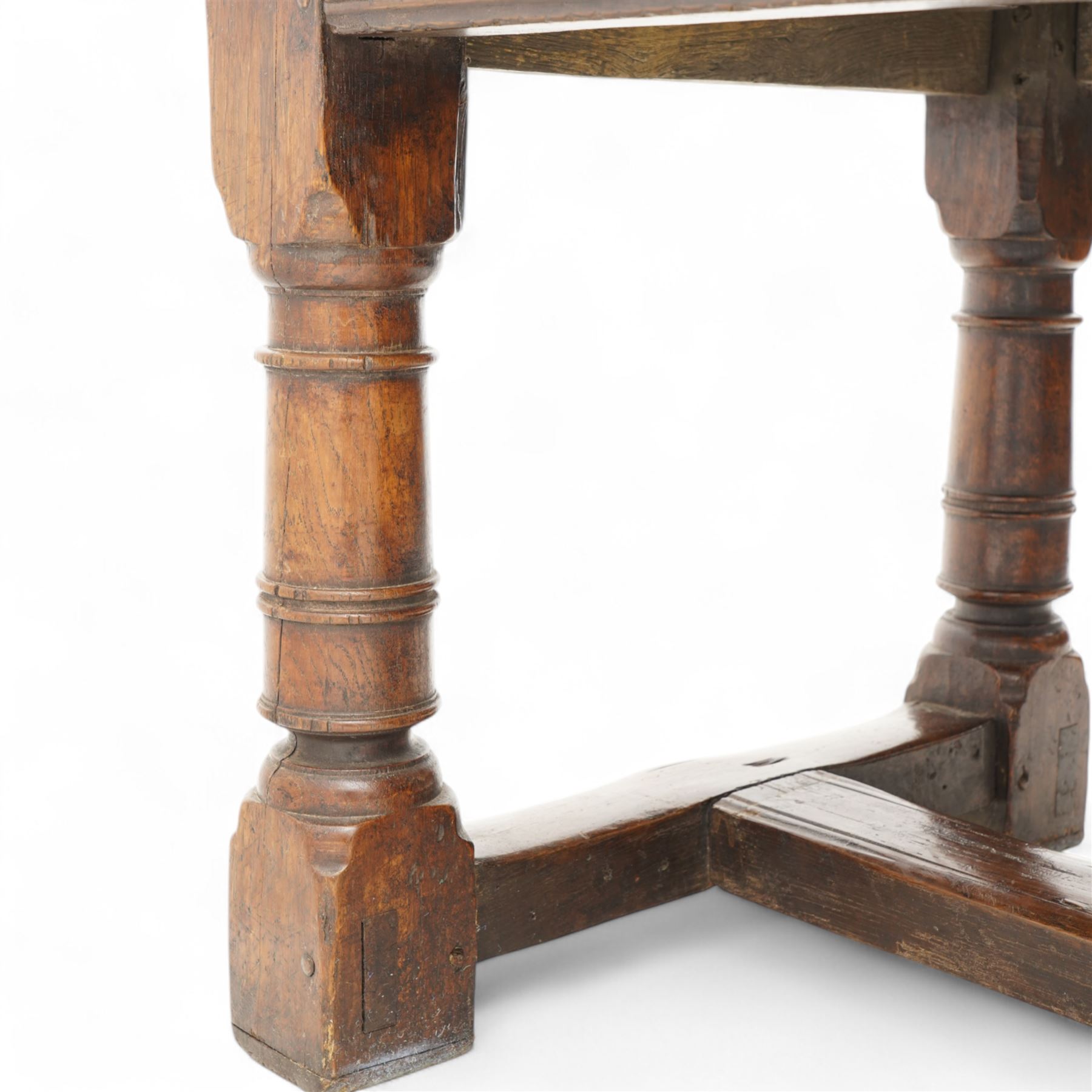 Jacobean design elm and oak refectory dining table, rectangular three plank top with cleated ends, moulded frieze rails on turned supports united by moulded stretcher rail