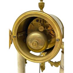20th century French portico clock c1910 on a white veined marble base, gilt drum movement case supported between two marble columns with brass capitals and a suspended garland swag with a starburst pendulum beneath, enamel dial with Arabic numerals, floral decoration and Louis XV pierced gilt hands, convex glass and brass bezel, 8-day countwheel striking movement striking the hours and half hours on a bell. 




