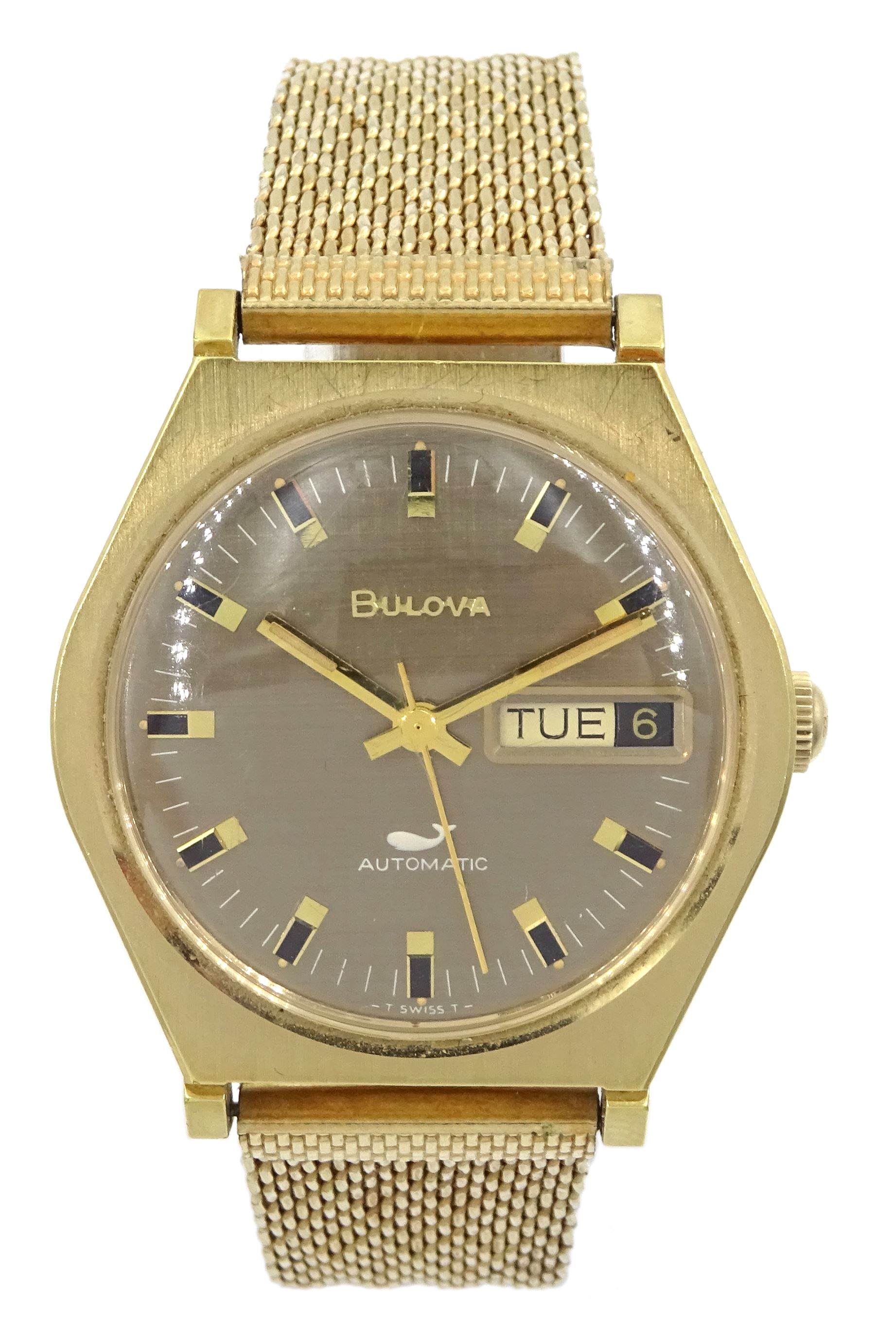 Bulova Sea King gentleman's automatic gold-plated wristwatch, back case No. H835317, with day/date aperture and whale motif, on Lenox gilt strap