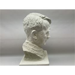 Large post-war plain white plaster head and shoulder bust of Adolf Hitler, on square base H60cm