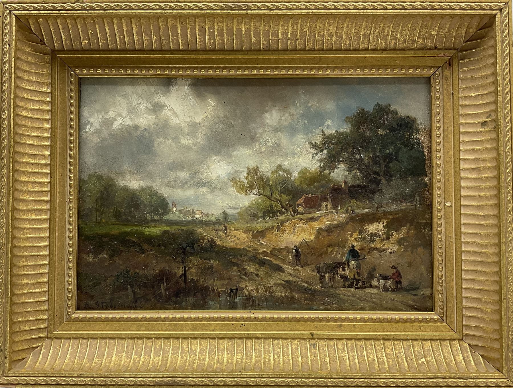 Adolf Stademann (German 1824-1895): 'Near Fenwick' Northumberland - Workers by the Roadside, oil on panel signed, titled verso 19cm x 28cm