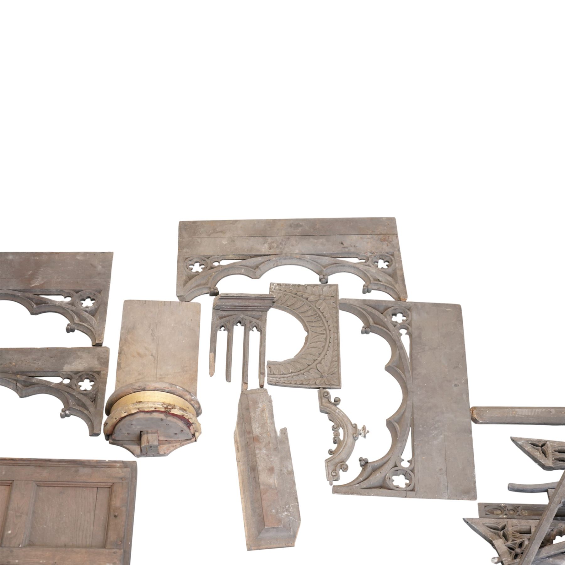 Architectural Salvage - Quantity of 19th century oak church panels including gilt decorated statue stand, carved fret work rails, confessional door with carved uprights etc
Notes: Removed in the 19th century from the church in the grounds of a private Yorkshire estate 
Provenance: property of a Nobleman