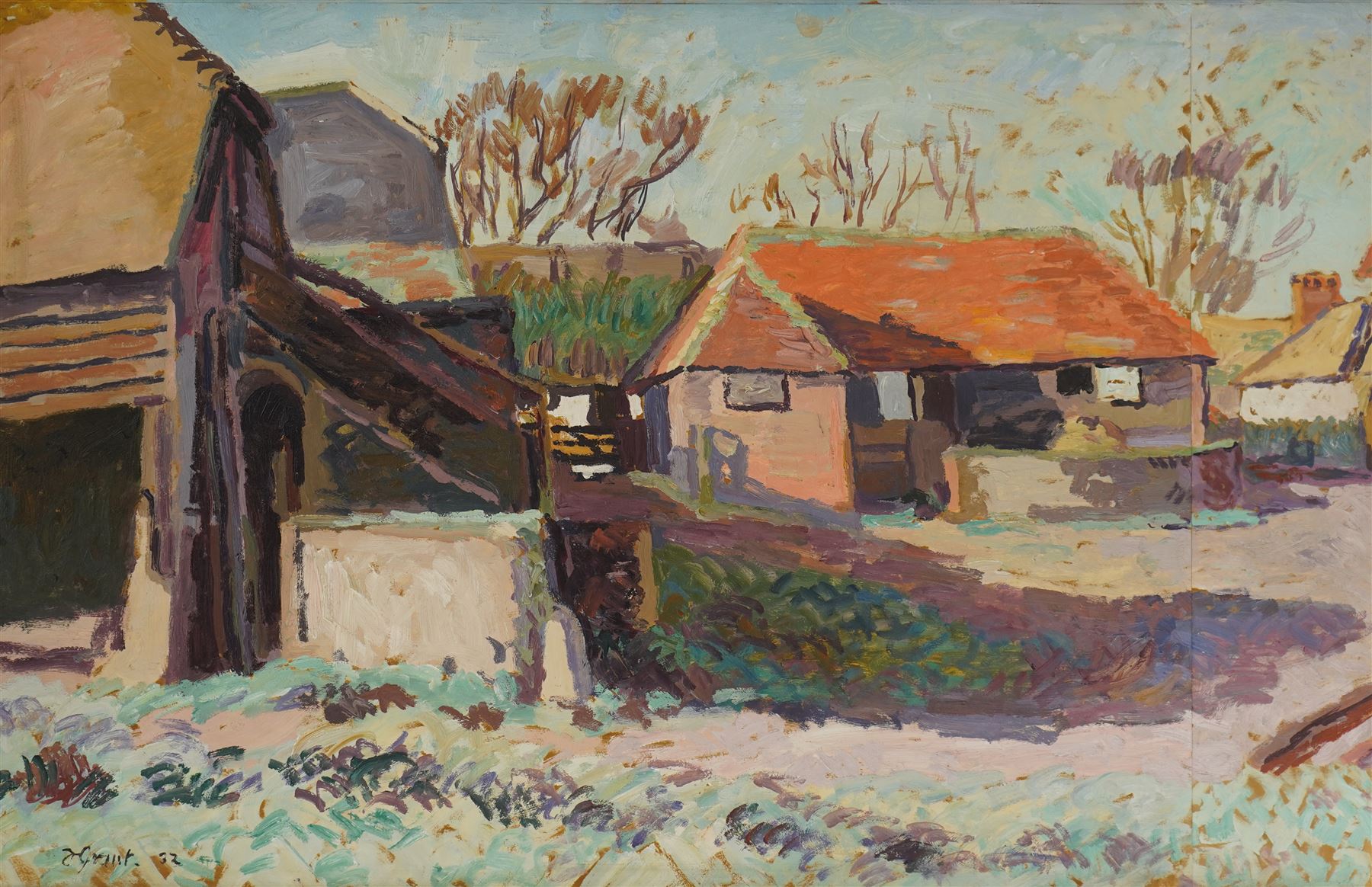 Duncan Grant (British - Bloomsbury Group 1885-1978): 'The Farmstead at Charlston', oil on paper laid onto board signed and dated '32, titled on gallery labels verso 57cm x 88cm
Provenance: exh. Leicester Galleries Exhibition of the Collection of the late Sir Hugh Walpole, Spink, King Street, London