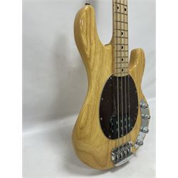 Ernie Ball Music Man Sting Ray 4 string bass guitar, in natural finish with roasted maple neck and tortoiseshell effect scratch guard, serial no 87485, in black Music Man hard case, guitar L114cm