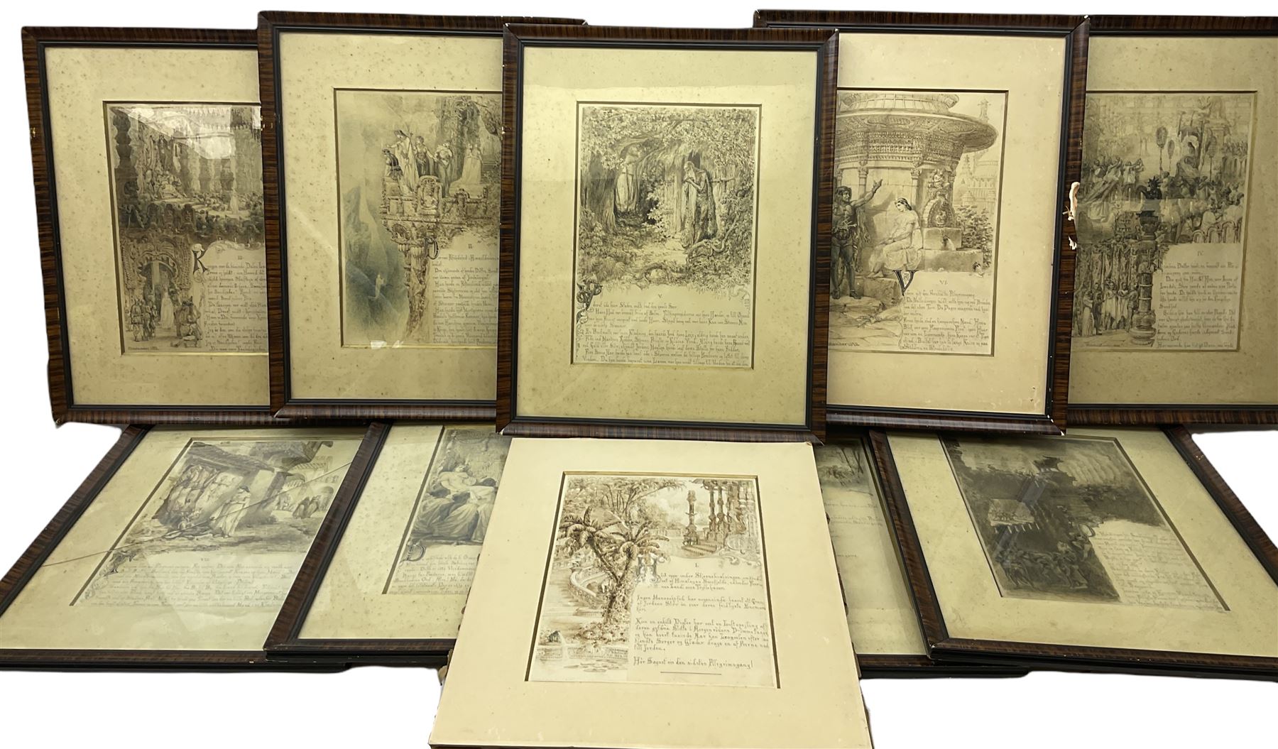 Frederik Vilhelm Scholander (Sweedish 1816-1881): 'The Pilgrimage of Truth', set of ten pen ink and monochrome wash original illustrated book plates signed and dated 1872, 36cm x 25cm (10 one lacking frame)
