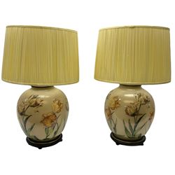 Pair of Potichomania tulip design glass table lamps, by Jenny Worrall, H40cm, with cream pleated lampshades. 