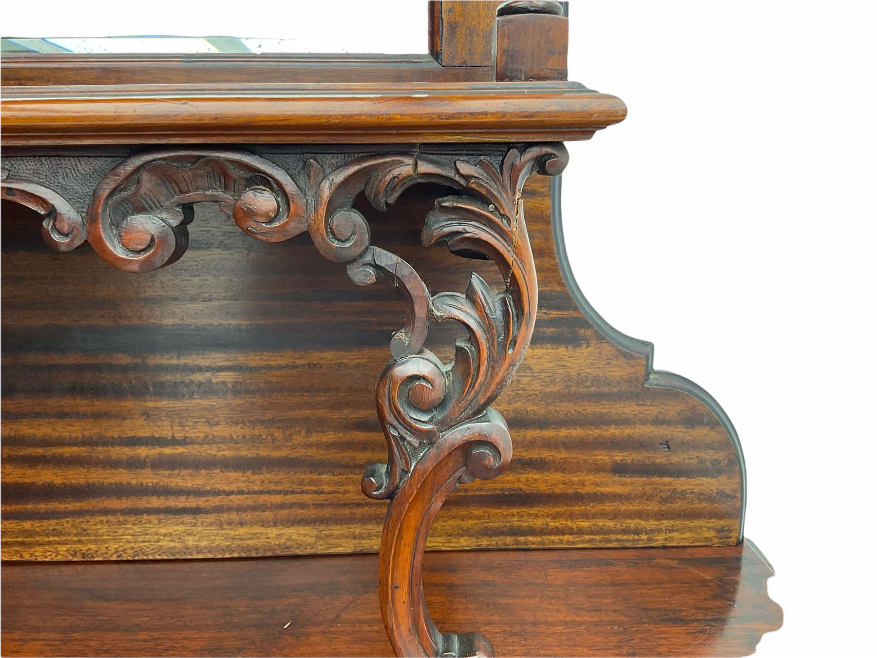 Late Victorian Empire style walnut mirror back sideboard, two glazed centre cupboards with drawer drawer