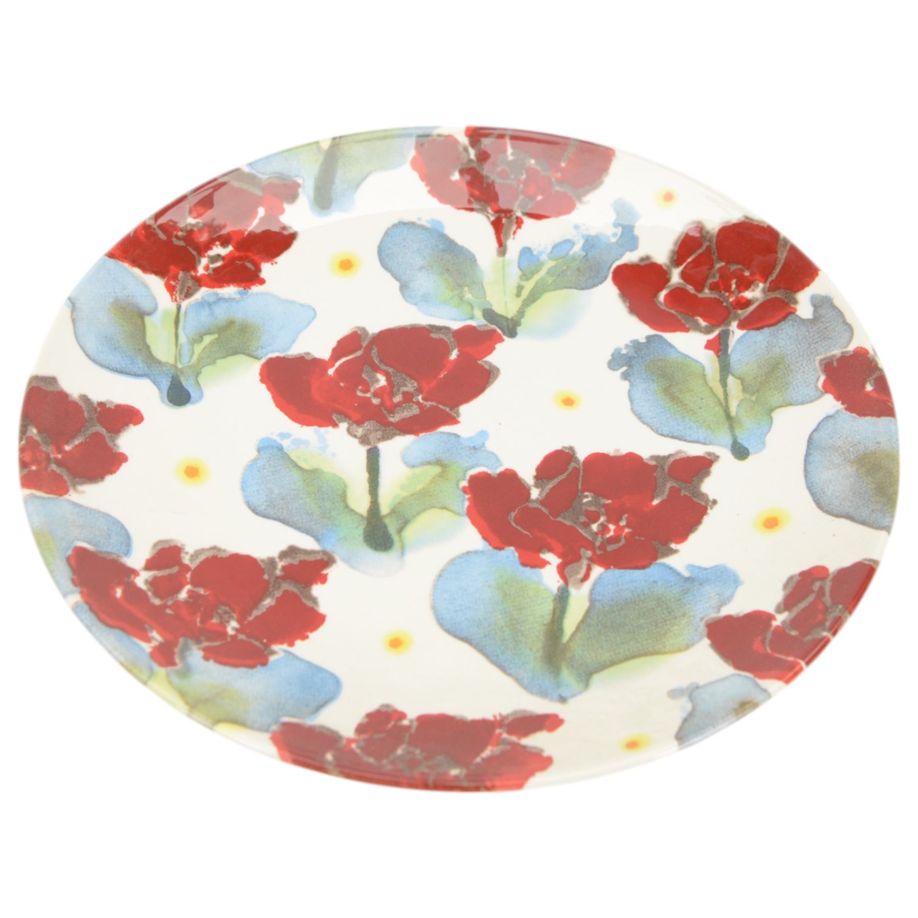 Three Poole pottery chargers, in Wild Poppy pattern, Delphis pattern and Aegean pattern, together with a Poole pottery dish and plate  