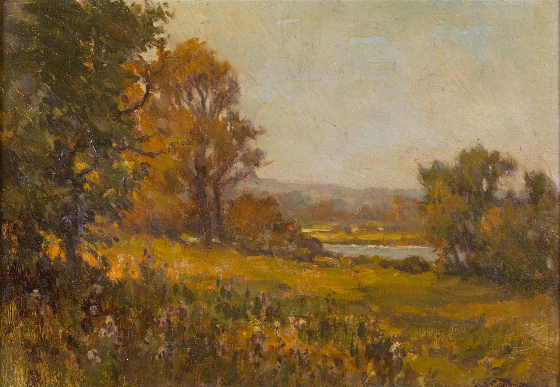 Sidney Valentine Gardner (Staithes Group 1869-1957): 'In the Valley of the Lathkill - Peak of Derbyshire' and Lakeside Landscape, two oils on canvas board signed, one titled verso 24cm x 34cm 