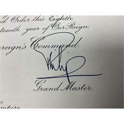 George VI Knight of the Garter cloth beret insignia with pin back and photograph of the Knight's Robes; Edmund Fellowes book on The Knights of the Garter 1348-1939; together with EIIR civilian OBE certificate to Jeffery Stanford Agate with facsimile signatures of Elizabeth II and Prince Philip