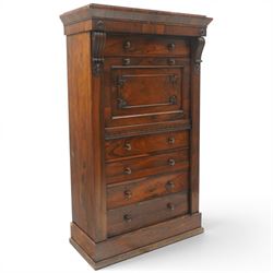 Victorian rosewood Wellington secretaire chest, the projecting stepped cornice over a band...